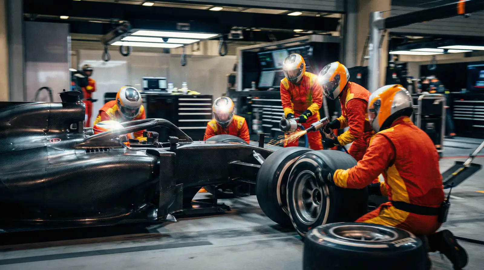 F1-pitcrew voert een bandenwissel uit tijdens een pitstop — bandenstrategie is cruciaal voor wedders